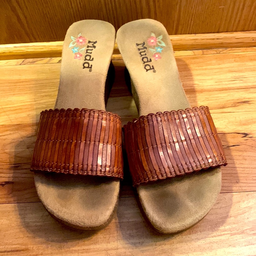Mudd RARE Y2K size 8 Lenore VEGAN slide 1” platform 2.5” wedge sandals brown tan